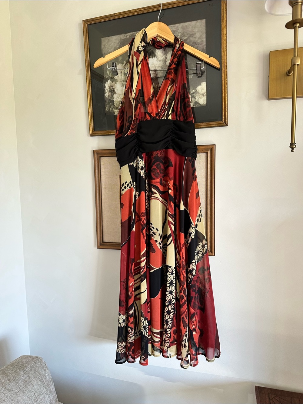 Vintage Y2K Floral Halter Dress Black/Brow/Red sz 10